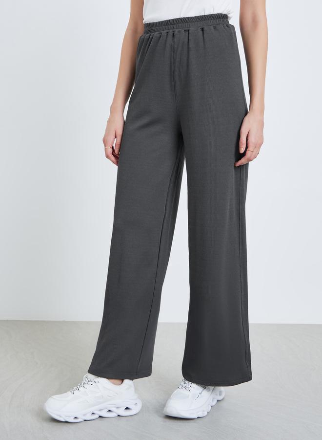 Styli Women Charcoal Ribbed Wide Leg Pants - Image 2